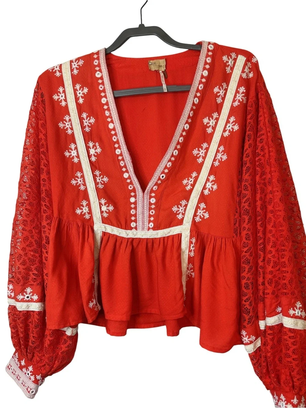 Free People Boho Embroidered Lace Peasant Top Retro  Cottagecore Blouse SZ M